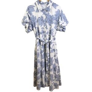 Baltic Born Albany Button Periwinkle Ivory Midi‎ Dress Lined Balloon Sleeves 1XL